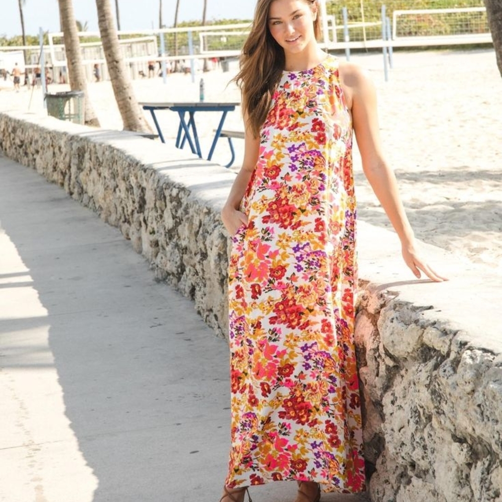 NATURAL LIFE Bright Floral Halter Maxi Dress in Pink, Yellow, Red